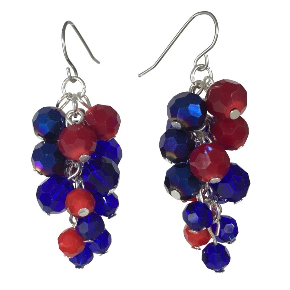Red Blue Glass Bead Cluster Dangle Earrings